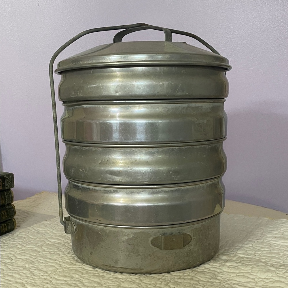 Vintage aluminum picnic pack or tiffin stacking food carrier